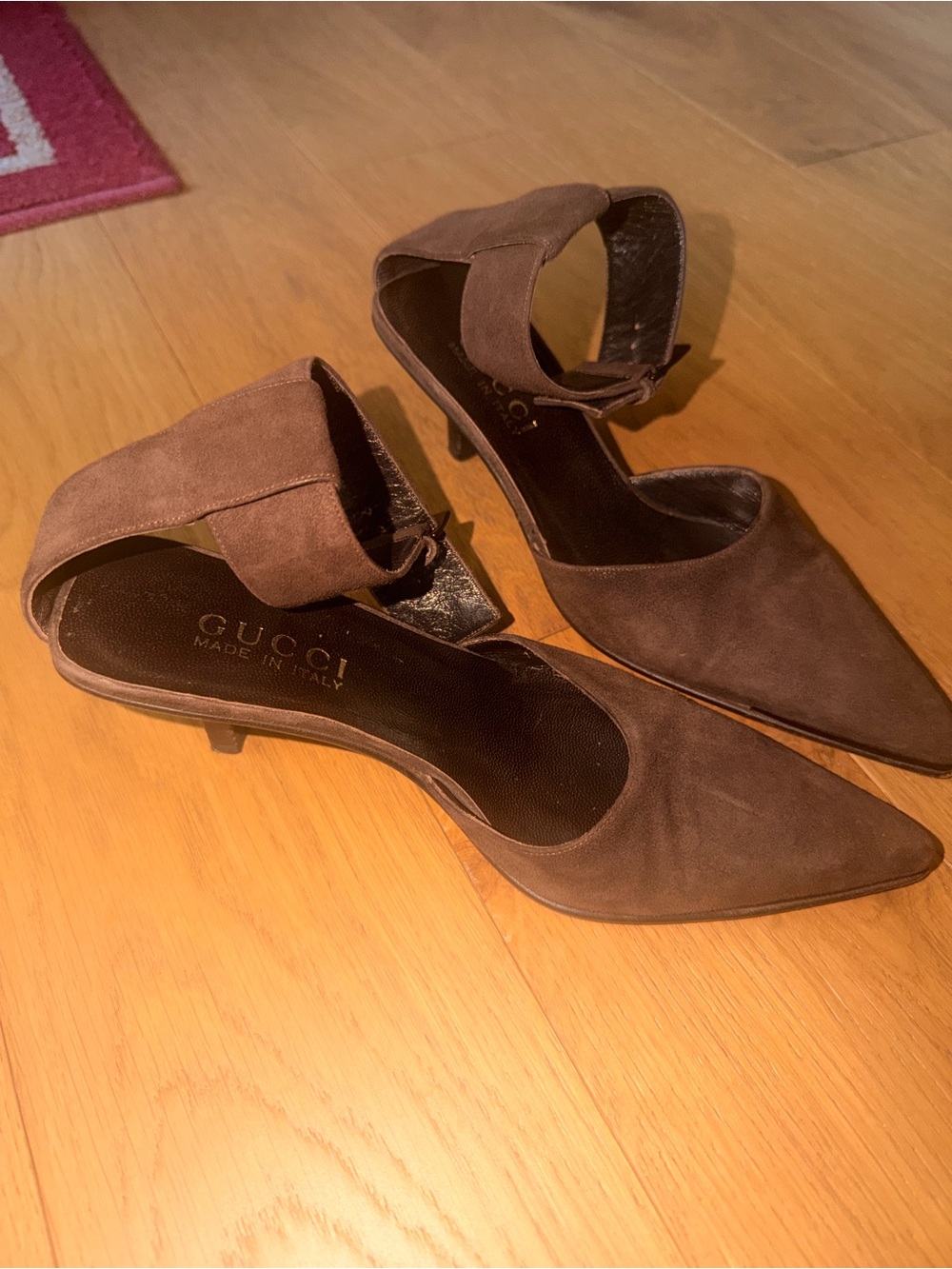 Gucci Chocolate Brown Suede Pointed-Toe Ankle-Strap Kitten Heels